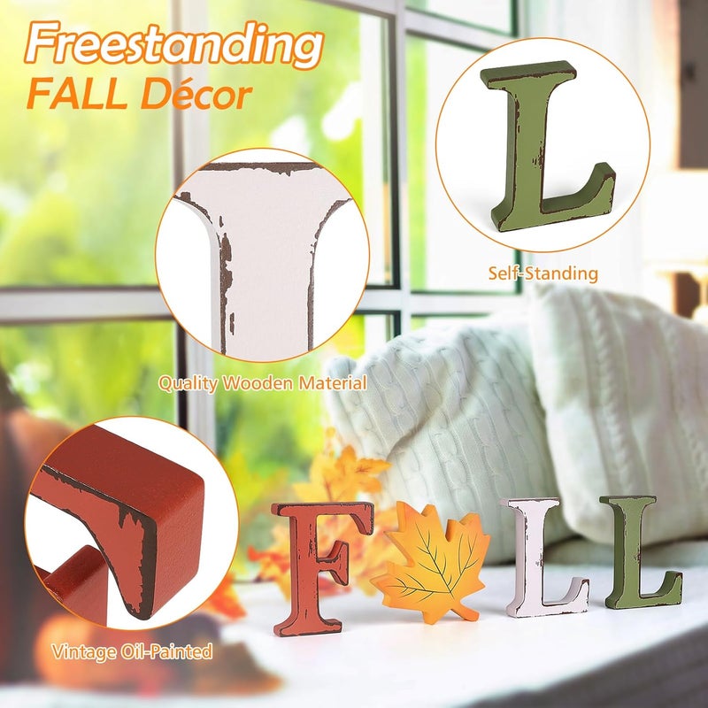 AinDen Fall Thanksgiving Decorations for Home, 4 Pcs Wooden Table Decor, Vintage Farmhouse Autumn Harvest Signs for Mantel, Shelf, Tiered Tray, Kitchen Tabletop, Entryway - Image 3